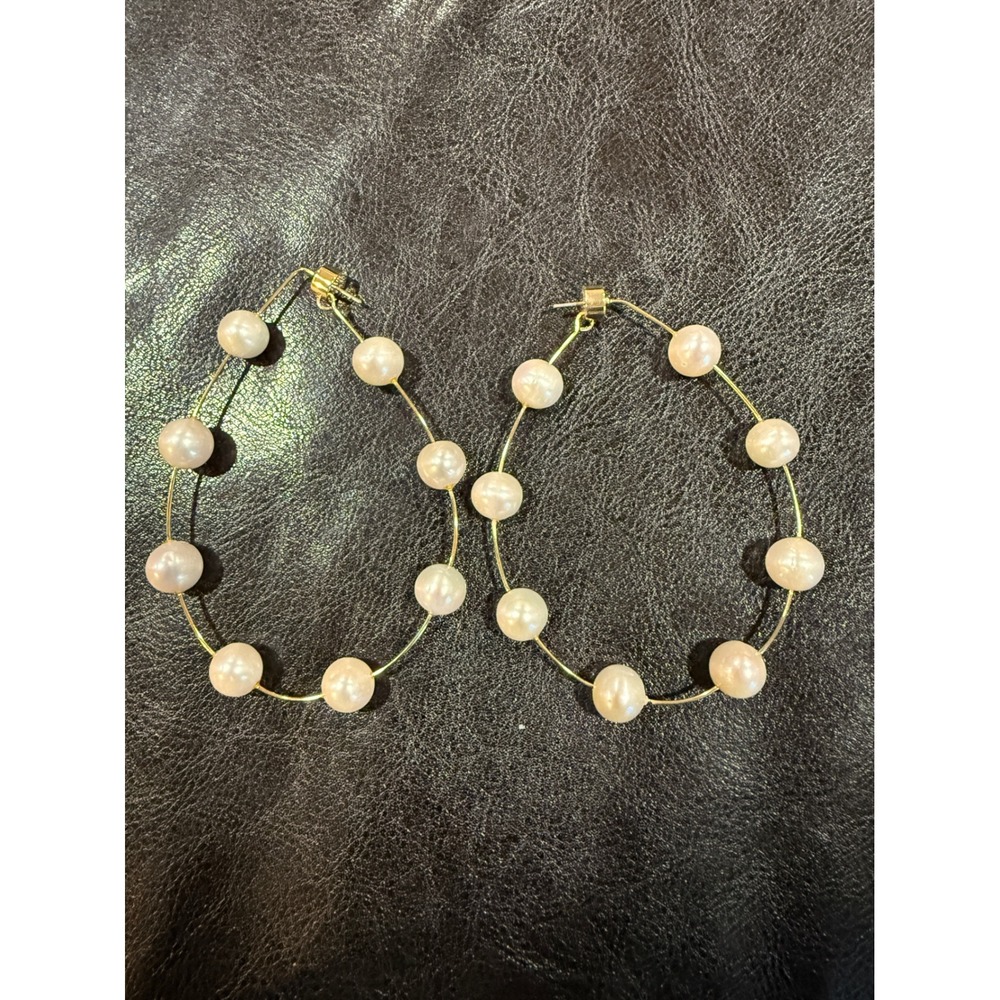 Westward Pearl Hoop Earrings Gold Tone White Pearl Oversized Statement CH-01-22‎